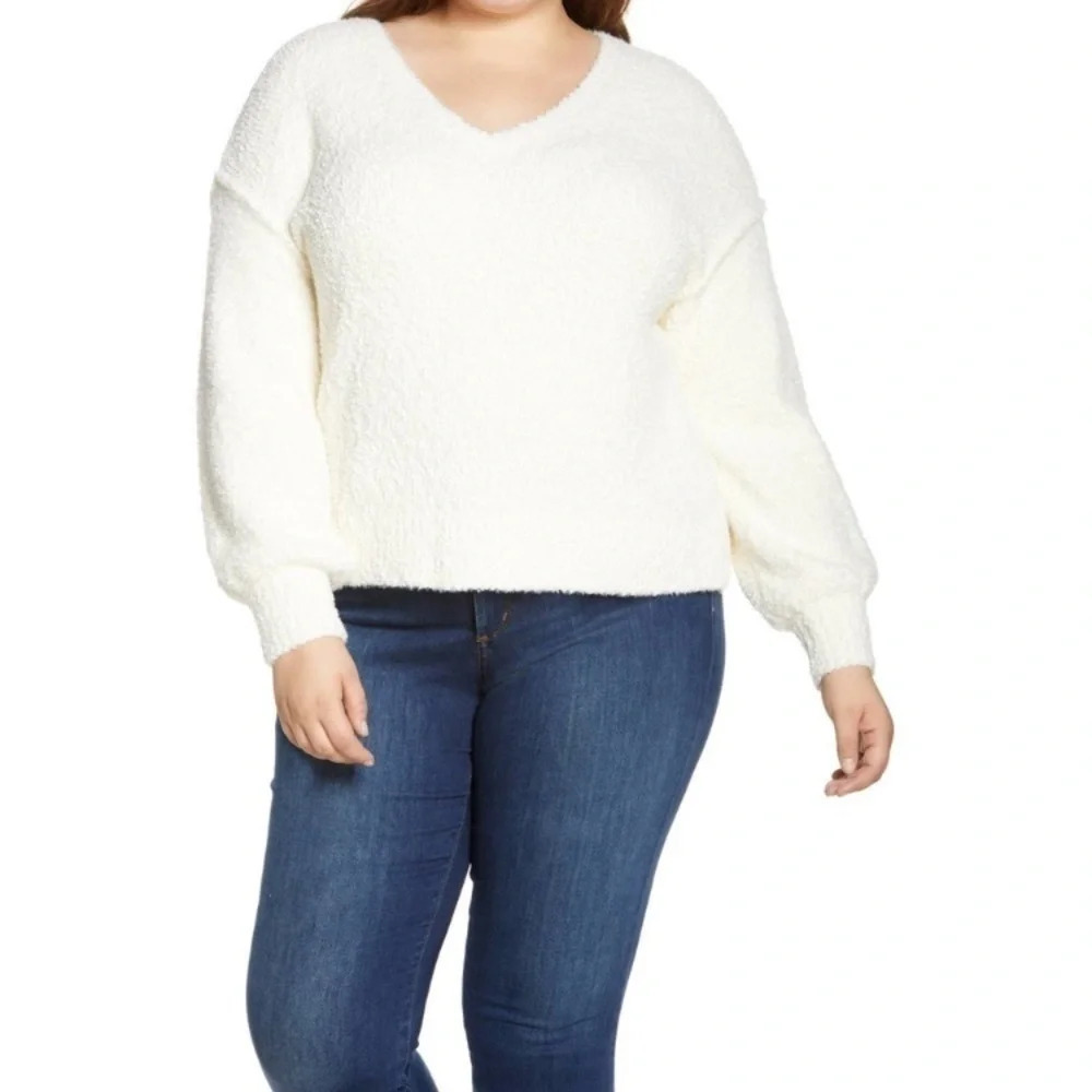 NWT Sanctuary Ivory V Neck Pullover Sweater 3X White Cream Textured Nubby